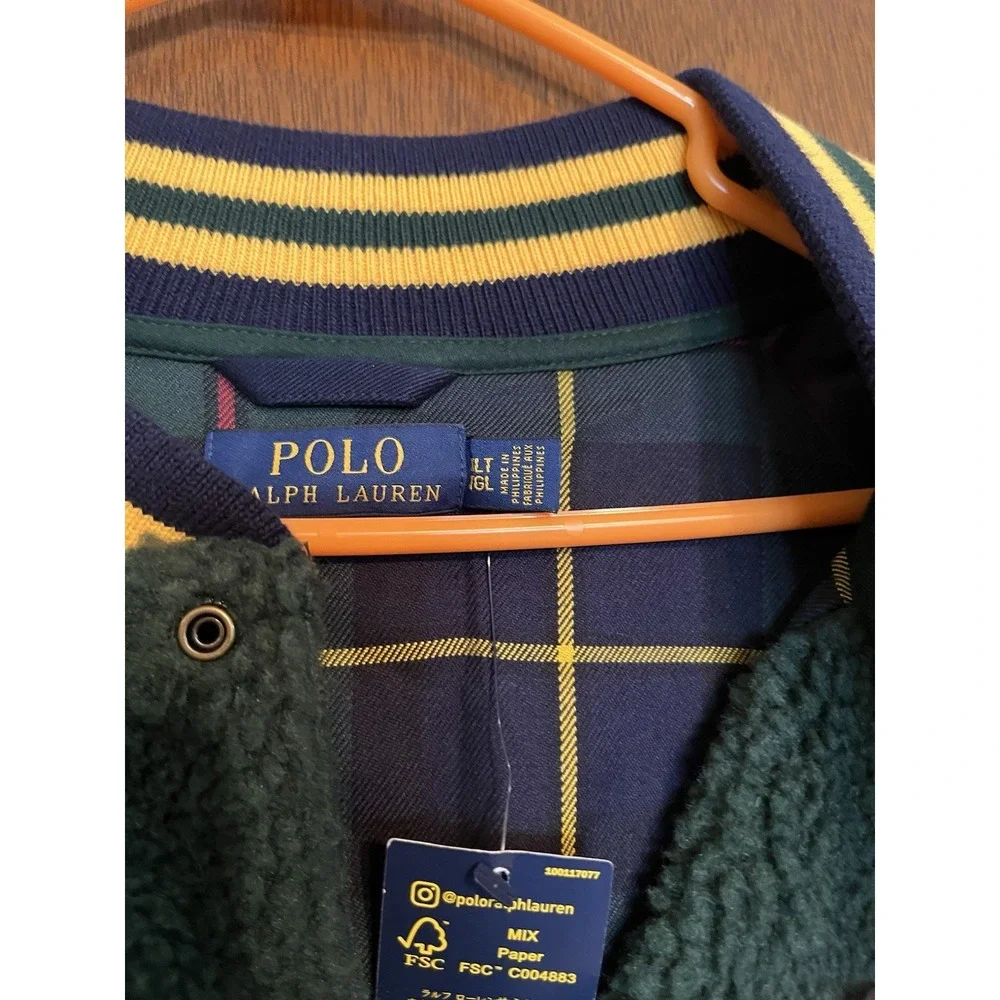 Polo Ralph Lauren Varsity P Pirate Skull Green/Navy Sherpa Bomber‎ Jacket XLT